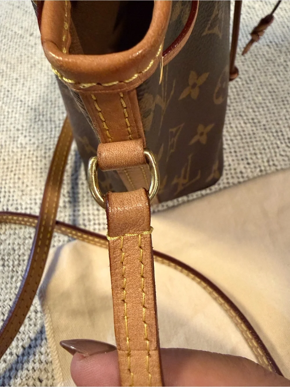 Authentic Louis Vuitton Monogram Nano Noe Crossbody in Brown and Tan